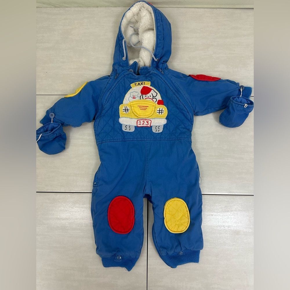 Vintage Good Friends Baby Kids Blue Taxi Character Full Snowsuit 12 Months